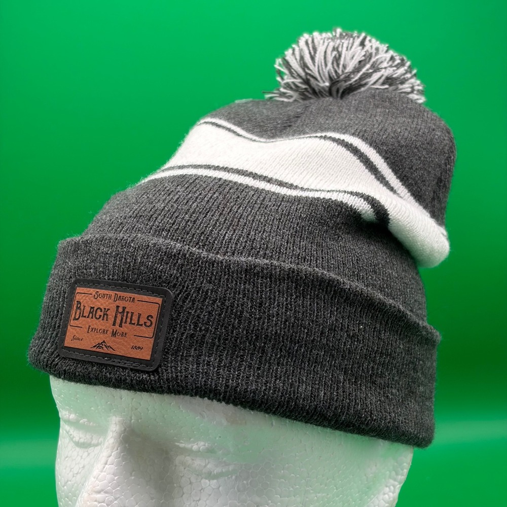 Black Hills South Dakota Souvenir ENZA Beanie OS Gray/White Striped Pom Hat NWT